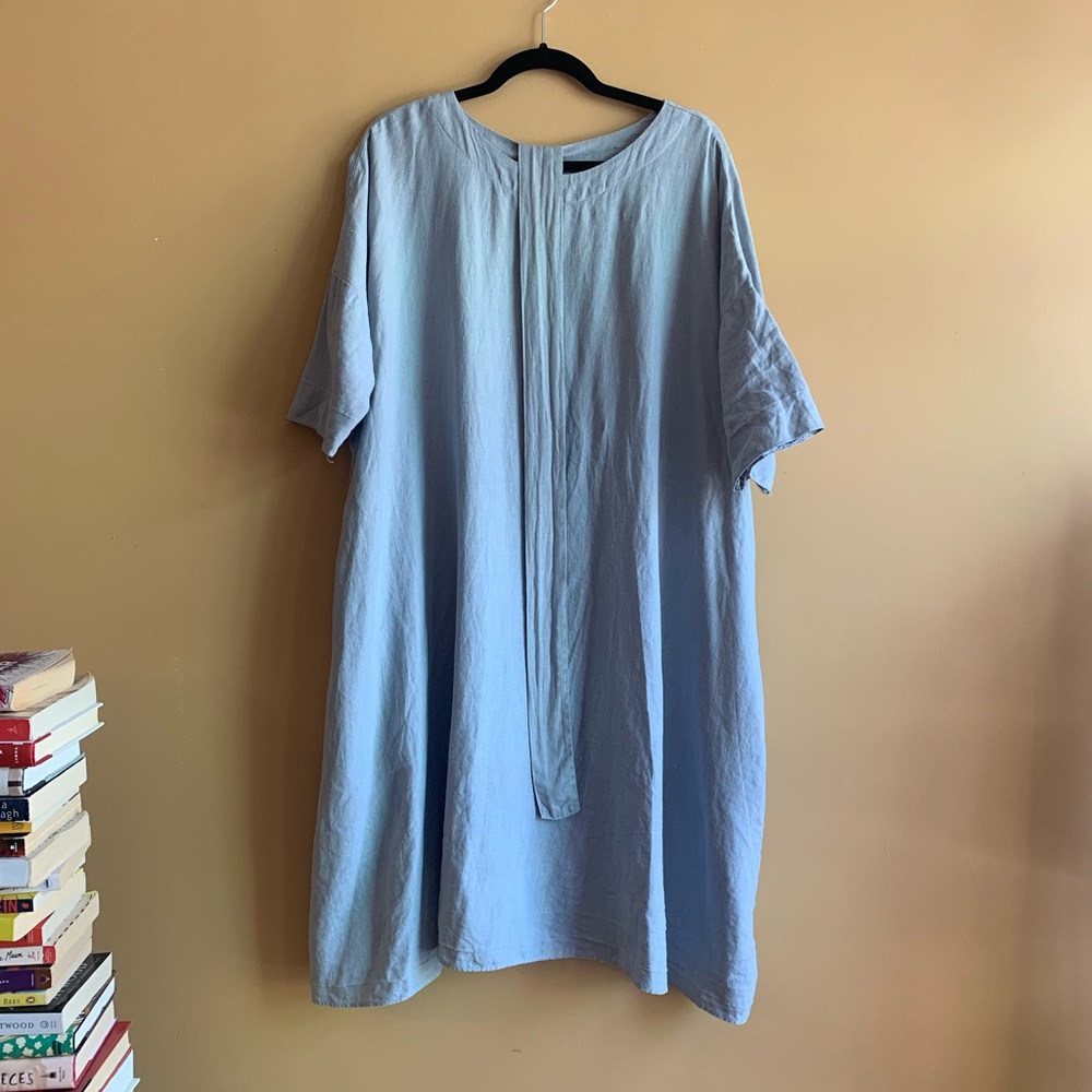 Cornflower blue canvas dress. Quarter sleeves.